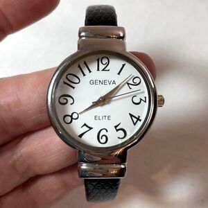 GENEVA Elite Easy to Read silver watch black leather cuff
